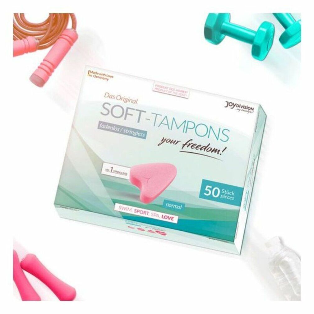Verpackung mit Soft-Tampons. Aufschrift: SOFT-TAMPONS, fadenlos/stringless, 50 Stück, normal. Marke: joydivision.