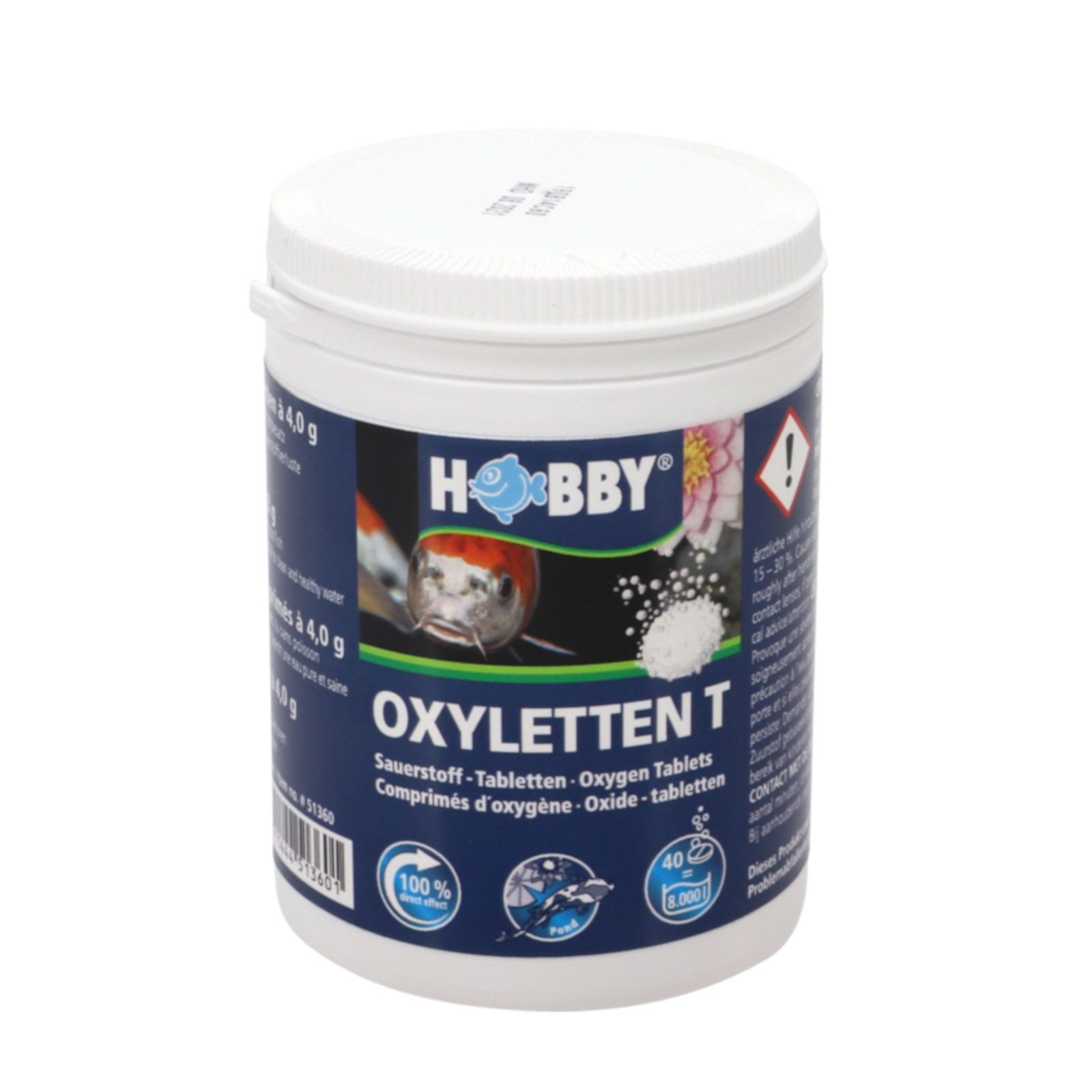 Zylindrische Dose mit blauem Etikett. Aufschrift: Hobby, Oxyletten T. Enthält Sauerstoff-Tabletten. Weißer Deckel.