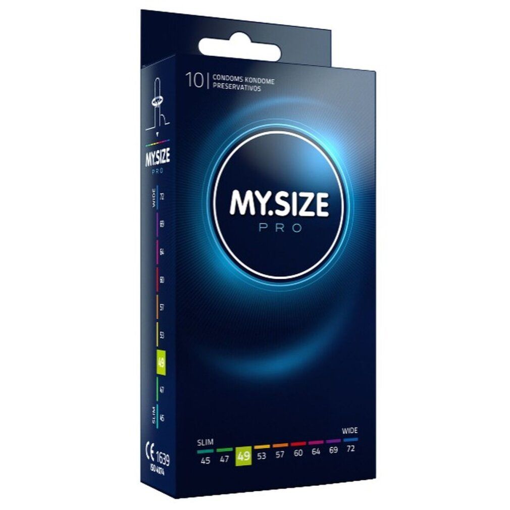 Kondomverpackung. Aufschrift: MY.SIZE PRO. Größenangaben: 49mm. 10 Stück. CE-Kennzeichnung.