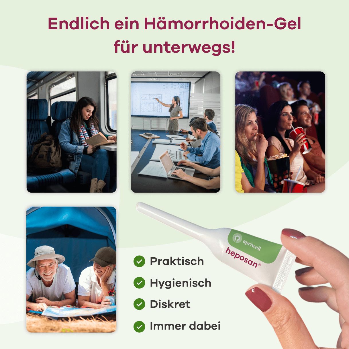 Grafik mit Bildern von Personen in verschiedenen Situationen und einer Tube Apriwell Proktologisches Gel. Text: 'Endlich ein Hämorrhoiden-Gel für unterwegs!'