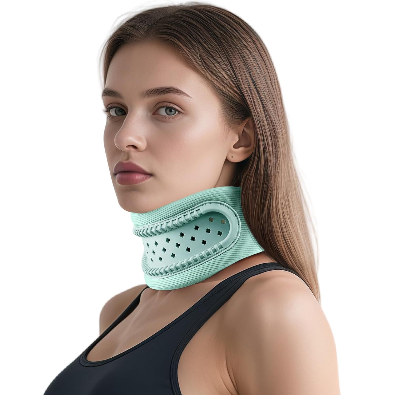 Nahaufnahme einer Frau mit mintgrüner Halsstütze. Das Produkt hat eine perforierte Oberfläche und eine ergonomische Form.