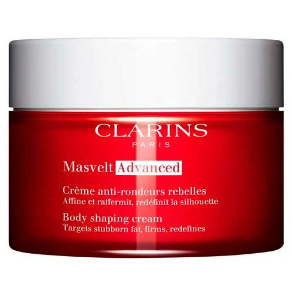 Roter Tiegel mit weißem Deckel. Text: Clarins Paris, Masvelt Advanced, Crème anti-rondeurs rebelles, Body shaping cream.