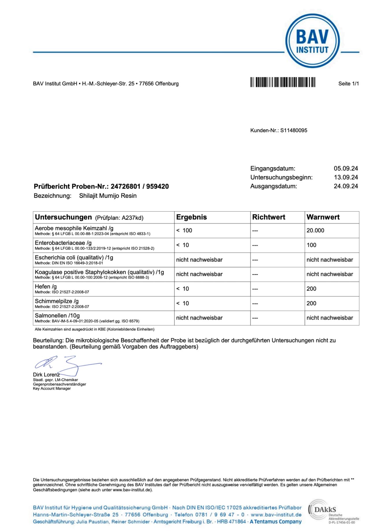 Laborbericht des BAV Instituts. Ergebnisse der mikrobiologischen Untersuchung von Shilajit Mumijo Resin.
