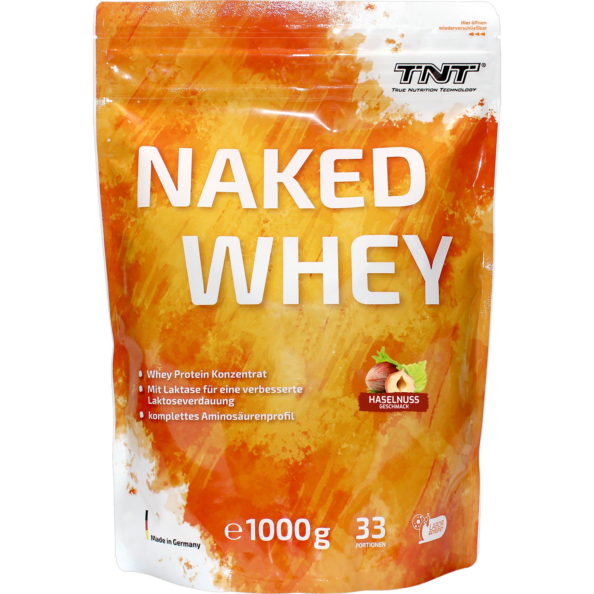 TNT Naked Whey Protein - Haselnuss, hoher Eiweißanteil, wenig Kohlenh., Laktase f. bessere Verdauung