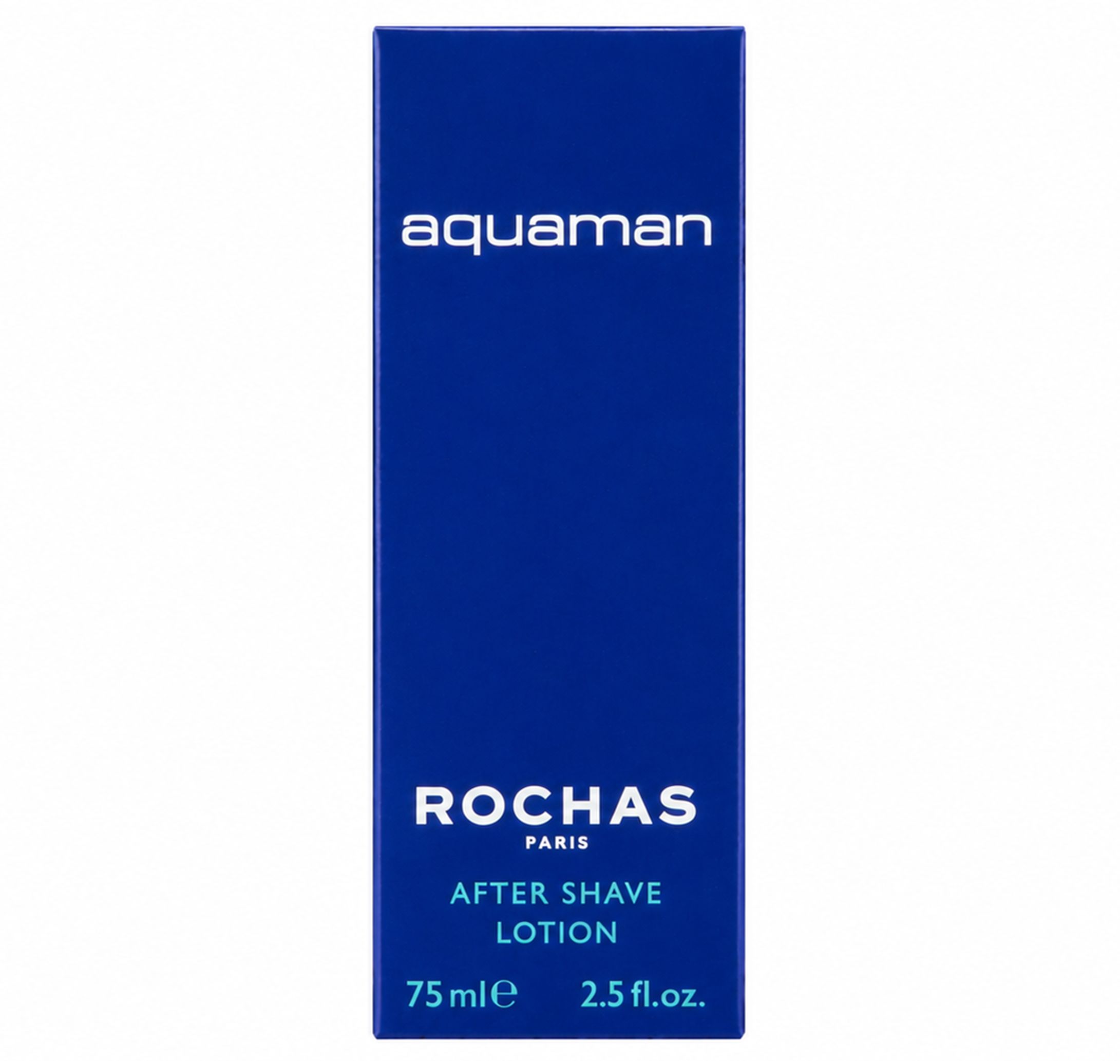 Blaue Schachtel mit weißem "aquaman"-Schriftzug. Darunter "ROCHAS PARIS" und "AFTER SHAVE LOTION". Unten "75 ml 2.5 fl.oz.".