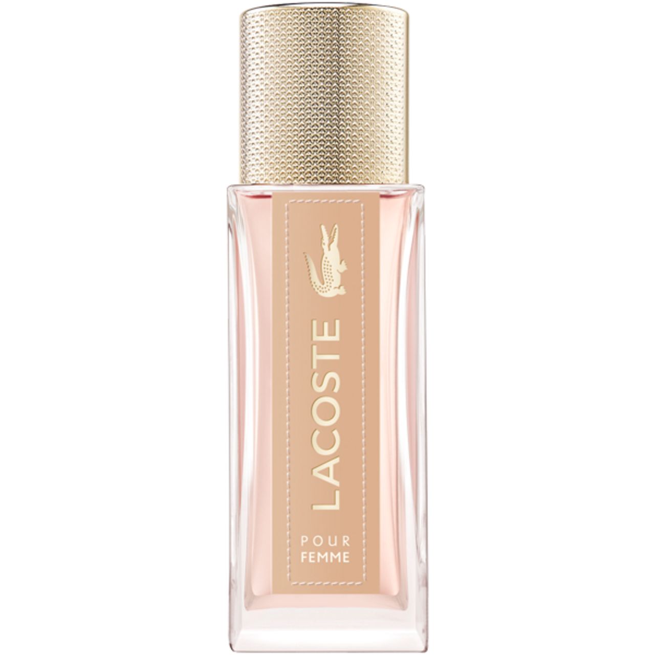 Lacoste Pour Femme Intense E.d.P. Nat. Spray. Rechteckiger Glasflakon mit goldfarbenem Deckel. Beige Etikett mit Krokodil-Logo und Schriftzug.