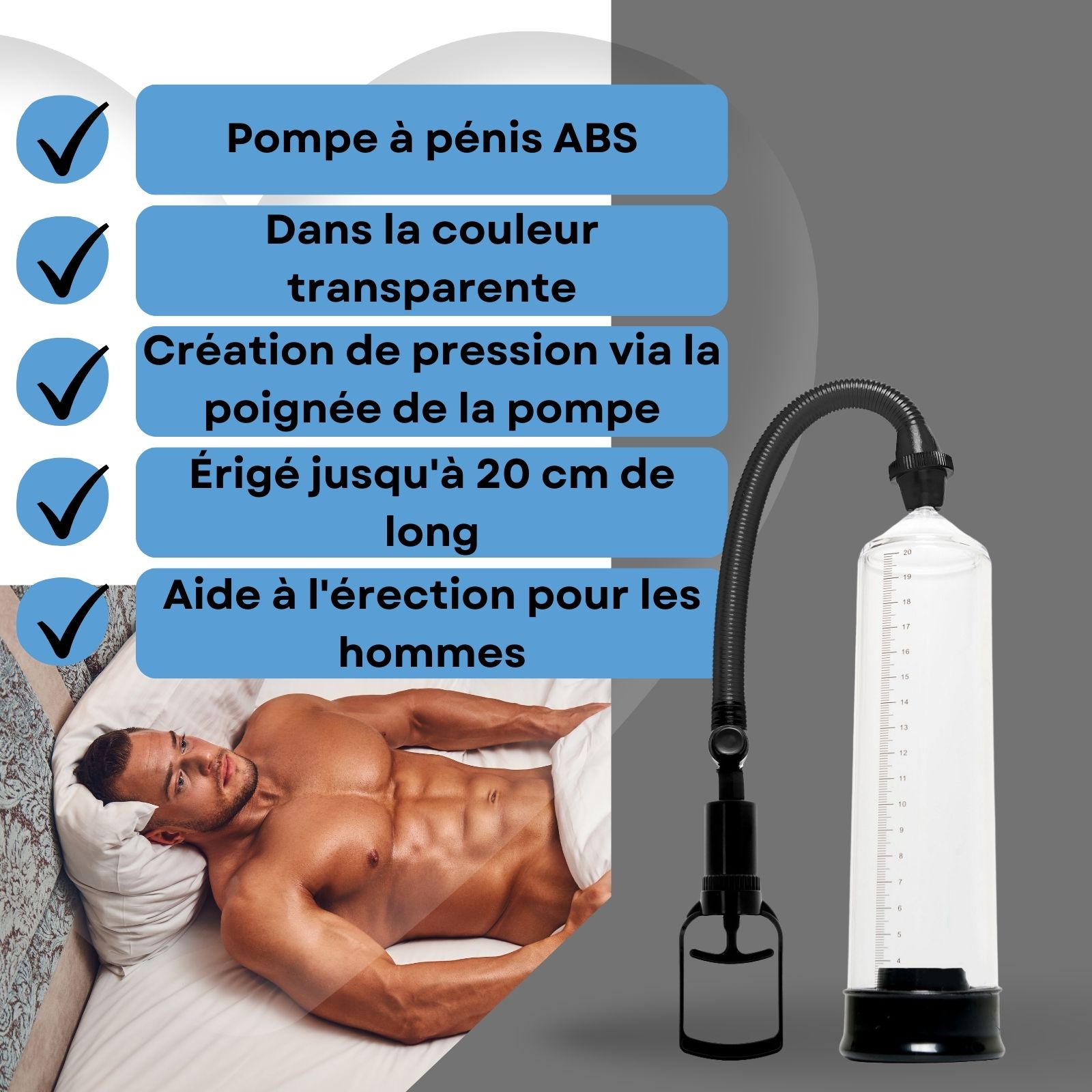 Pompe à pénis en ABS, transparente. Création de pression via la poignée. Érigé jusqu'à 20 cm. Aide à l'érection.