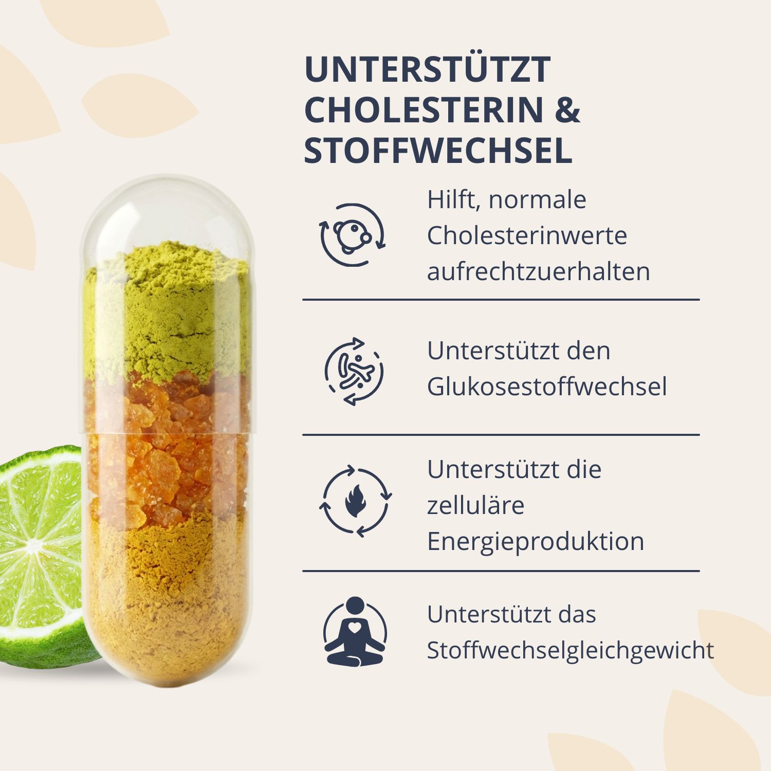 Transparente Kapsel mit Schichten von Pulver, die die Inhaltsstoffe von Cardio Relief darstellen.