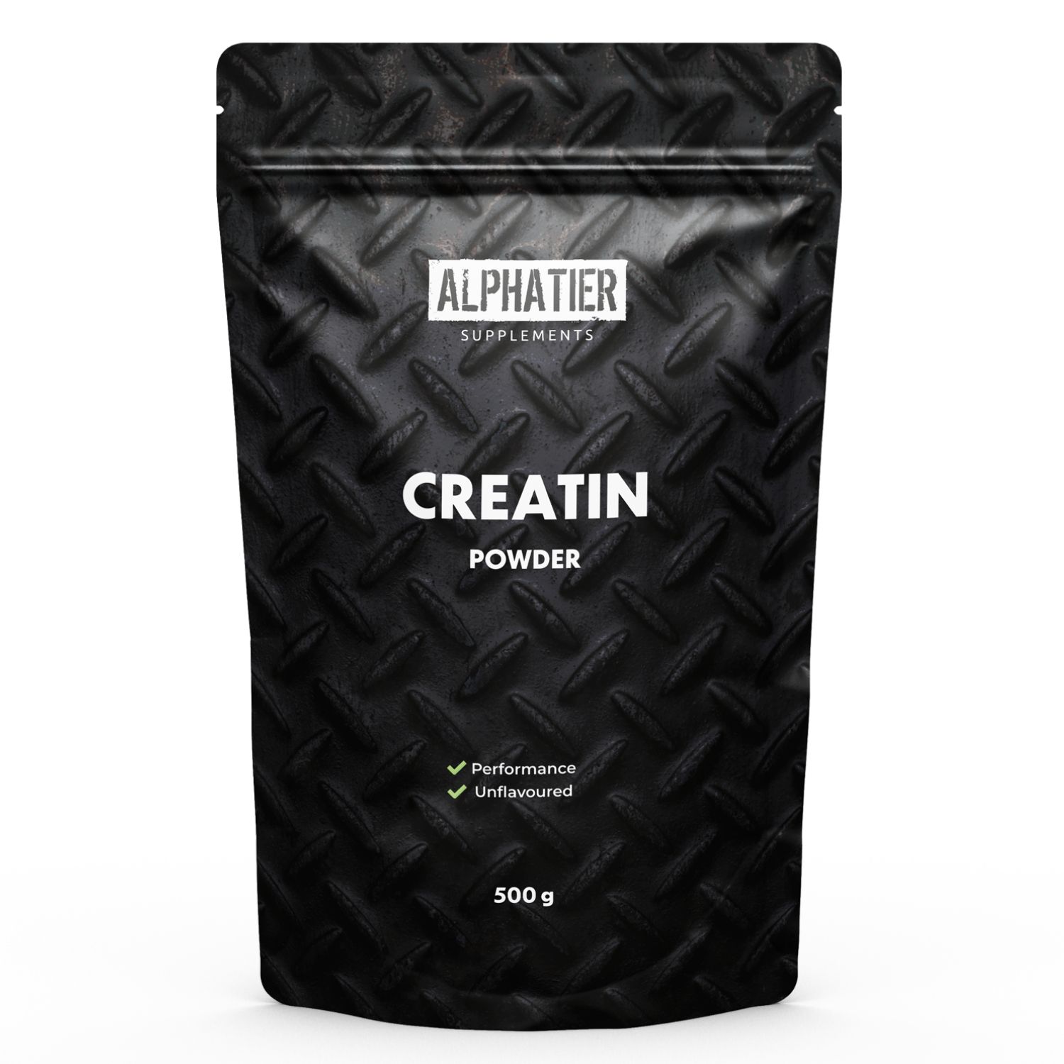 Schwarzer Beutel mit Alphatier Creatin Powder. Text: Creatin Powder, 500g, Performance, Unflavoured.