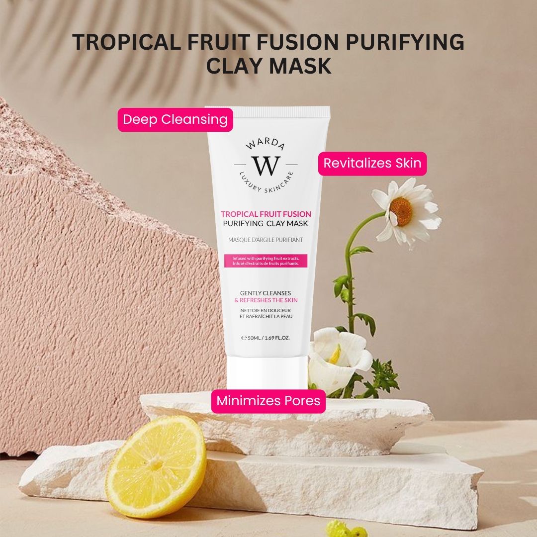 Warda Luxury Skincare Reinigende Tonmaske. Weiße Tube mit rosa Akzenten. Zitrone und Blume neben Produkt. Text: Tropical Fruit Fusion.