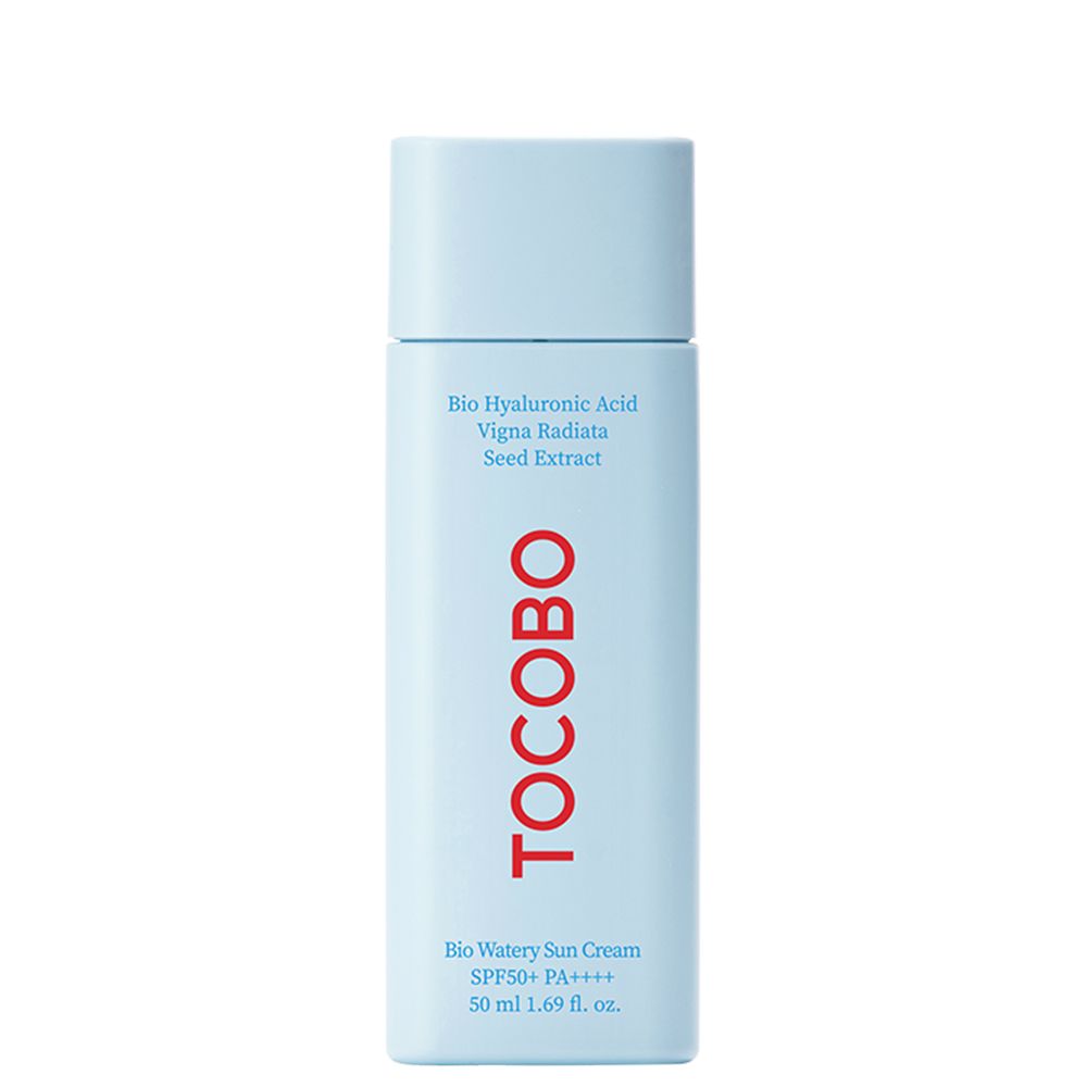 Helle blaue Flasche TOCOBO Bio Watery Sun Cream SPF50+ PA++++, 50 ml.