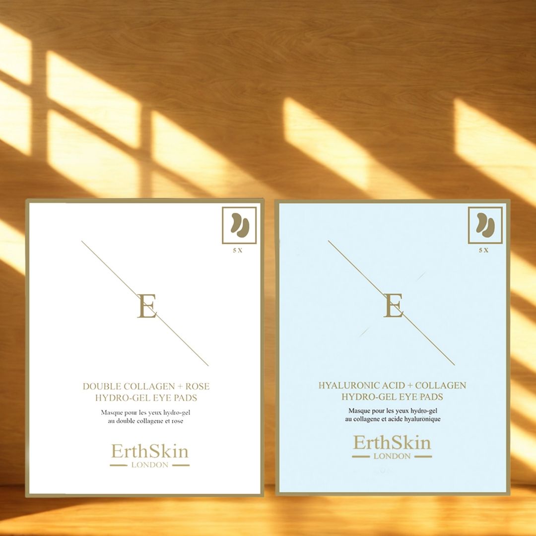 Zwei quadratische Verpackungen mit Augenpads. Aufschrift: ErthSkin London. Eine Packung enthält Rose-Hydrogel-Augenpads, die andere Hyaluronsäure + Kollagen-Hydrogel-Augenpads.