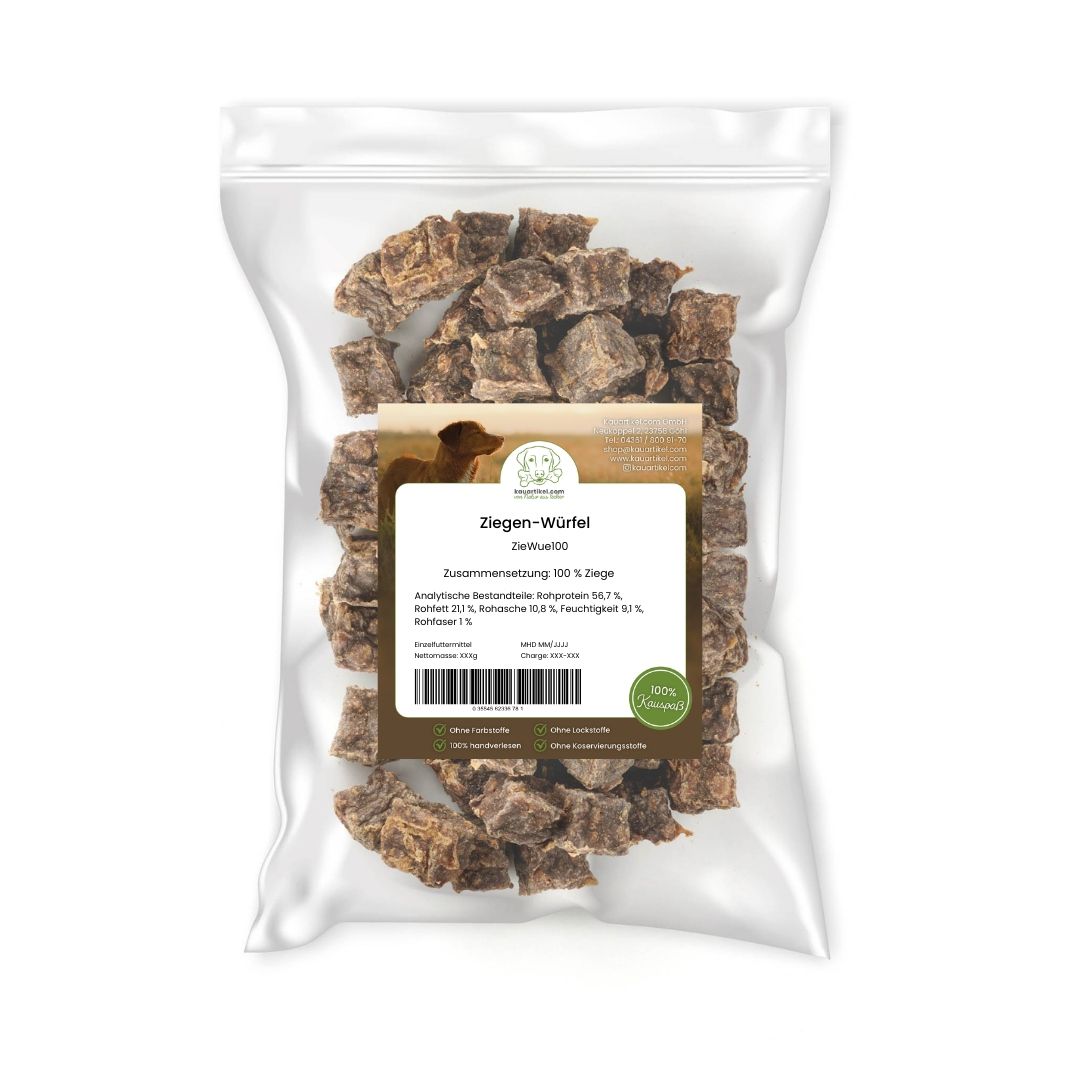 Verpackung mit Ziegen-Würfeln für Hunde, 100% Ziegenfleisch.