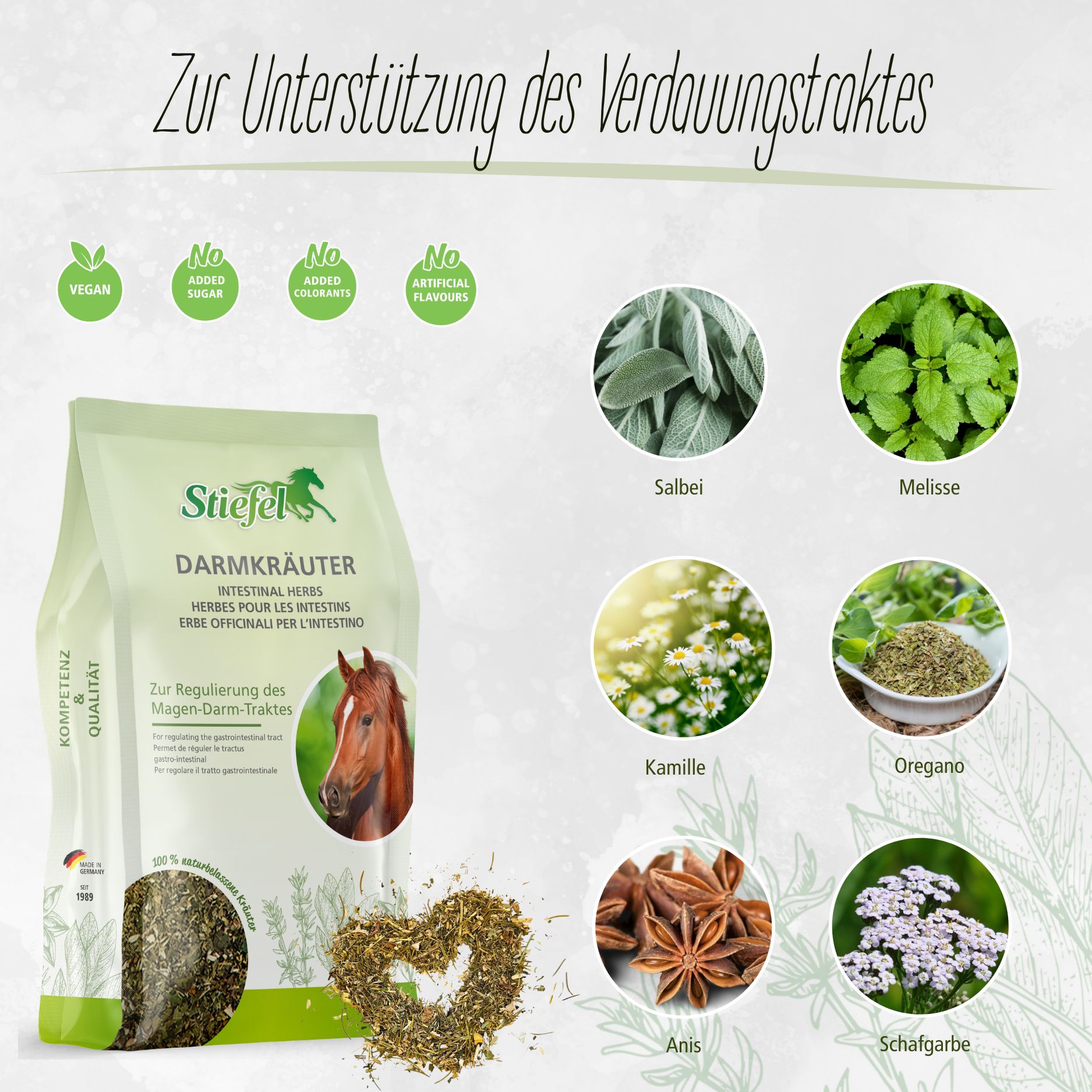 Beutel mit Stiefel Darmkräuter. Abbildung von Kräutern wie Salbei, Melisse, Kamille, Oregano, Anis und Schafgarbe. Vegan, ohne Zucker, ohne Zusatzstoffe, ohne Aromen.