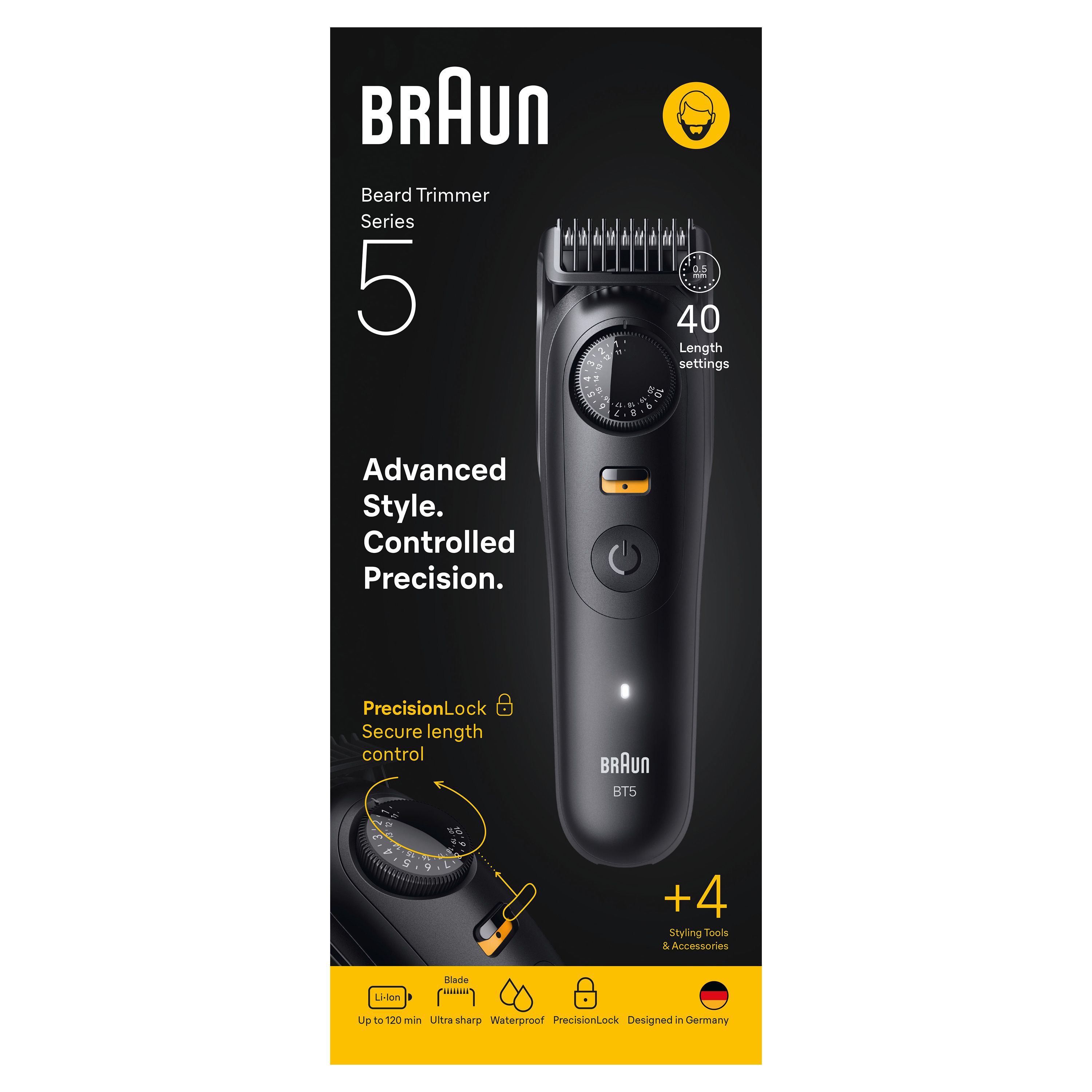 Verpackung des Braun Bartschneiders Series 5 mit Produktmerkmalen.