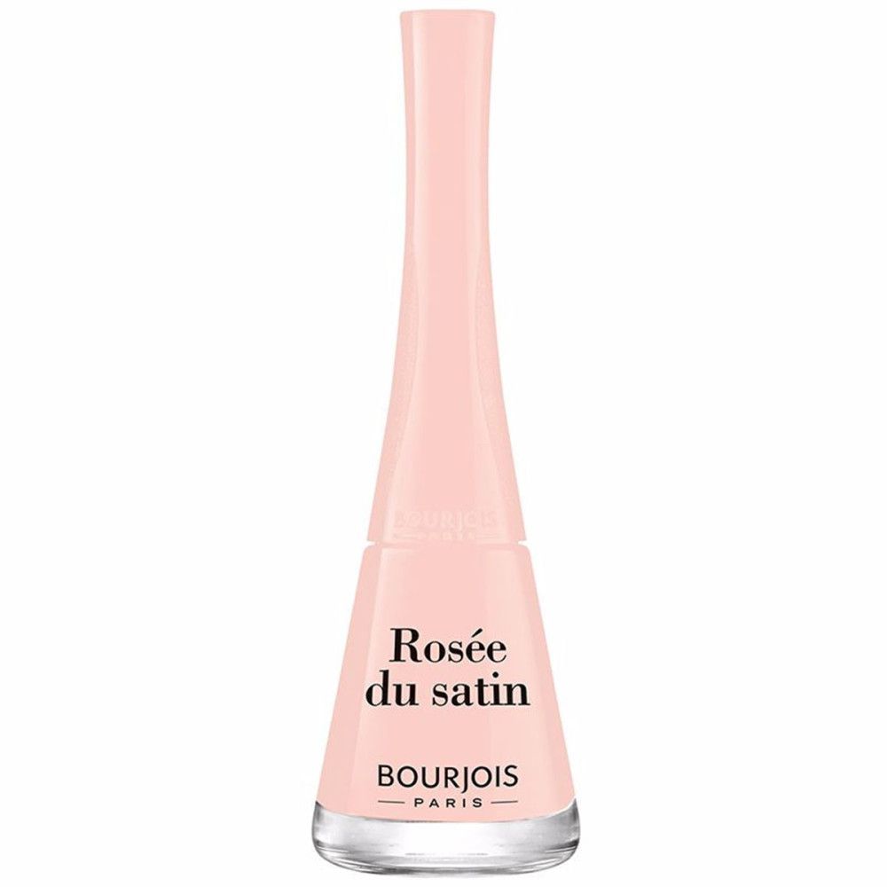 Hellrosa Nagellackflasche. Aufschrift 'Rosée du satin' und 'Bourjois Paris'.