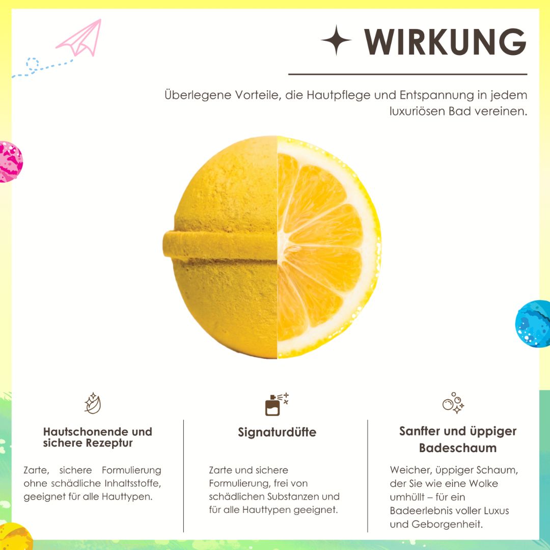 Grafik mit Badebombe. Text: Hautschonende und sichere Rezeptur, Signaturdüfte, Sanfter und üppiger Badeschaum.