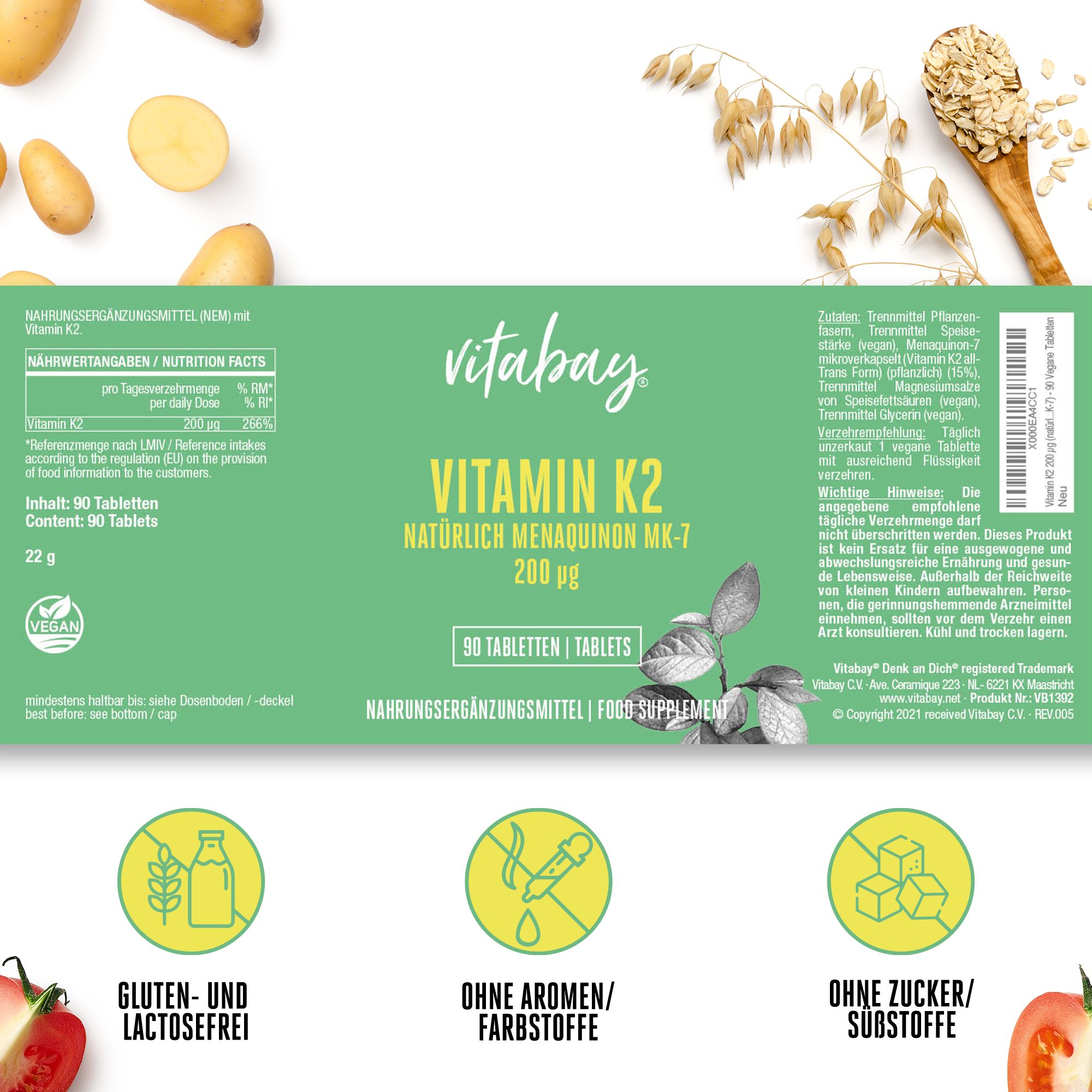 Vitabay Vitamin K2 Etikett mit Nährwertangaben, 90 Tabletten, vegan, gluten- und laktosefrei.