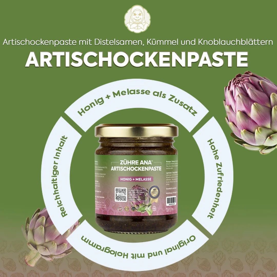 Glas mit Zühre Ana Artischockenpaste. Aufschrift: Honig + Melasse. Umgeben von Illustrationen und Texten über das Produkt.