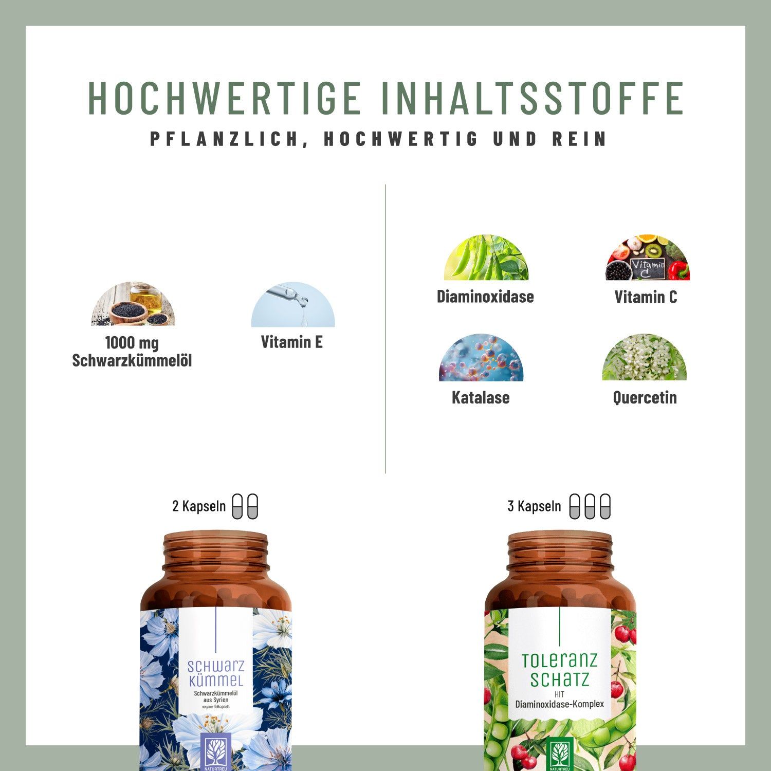 Infografik mit Inhaltsstoffen. Zwei Flaschen mit Kapseln. "SCHWARZKÜMMEL" und "TOLERANZ SCHATZ".