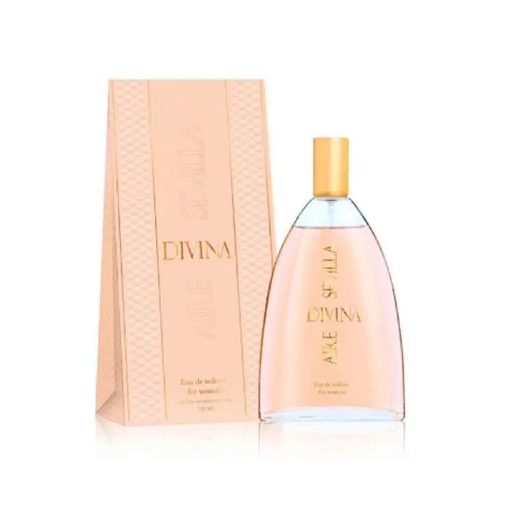 Parfümflasche und Verpackung. Aufschrift: Aire de Sevilla Divina. Eau de toilette for women. Verpackung rosa.