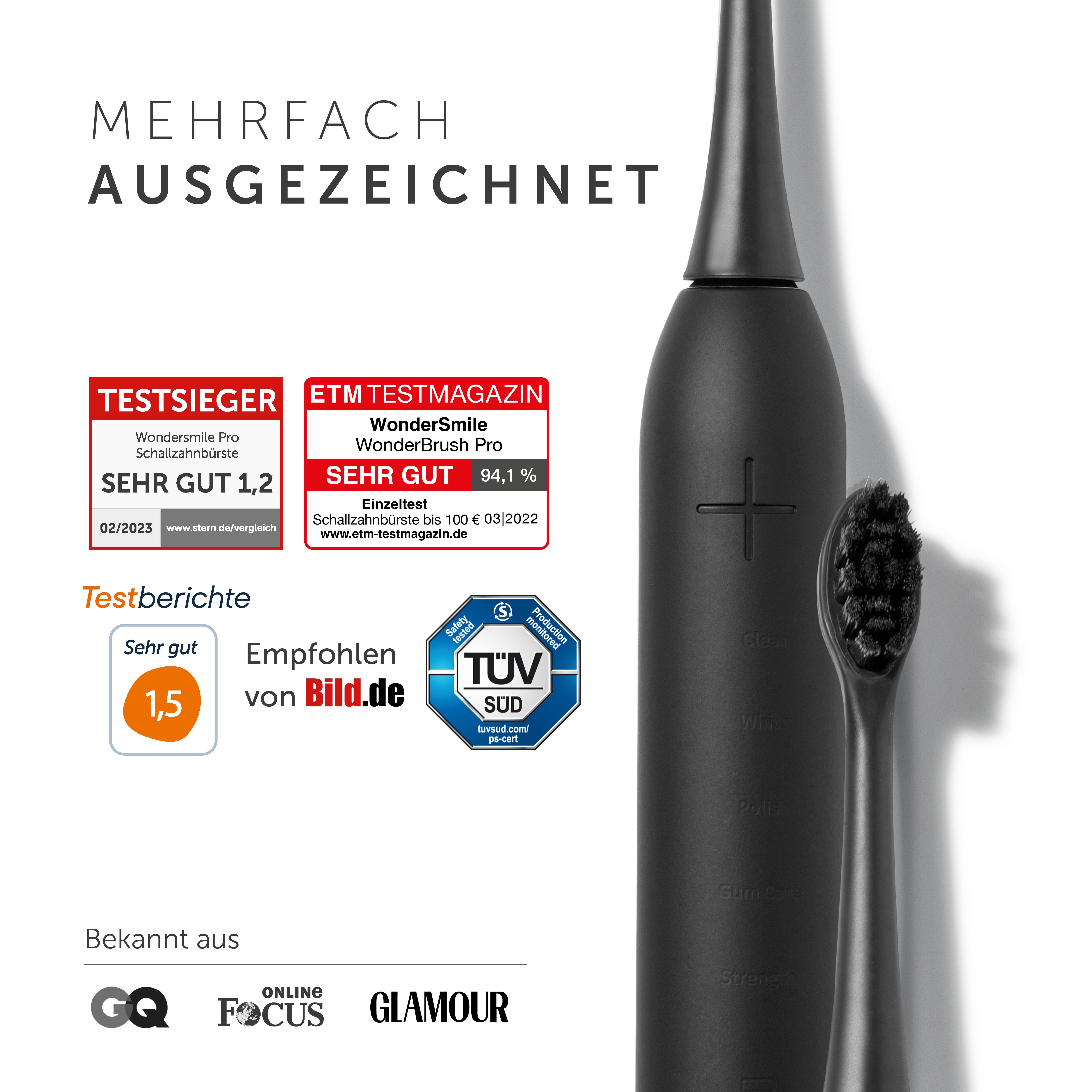 Nahaufnahme der Schallzahnbürste und Auszeichnungen. "Testsieger", "ETM Testmagazin", "Sehr Gut".