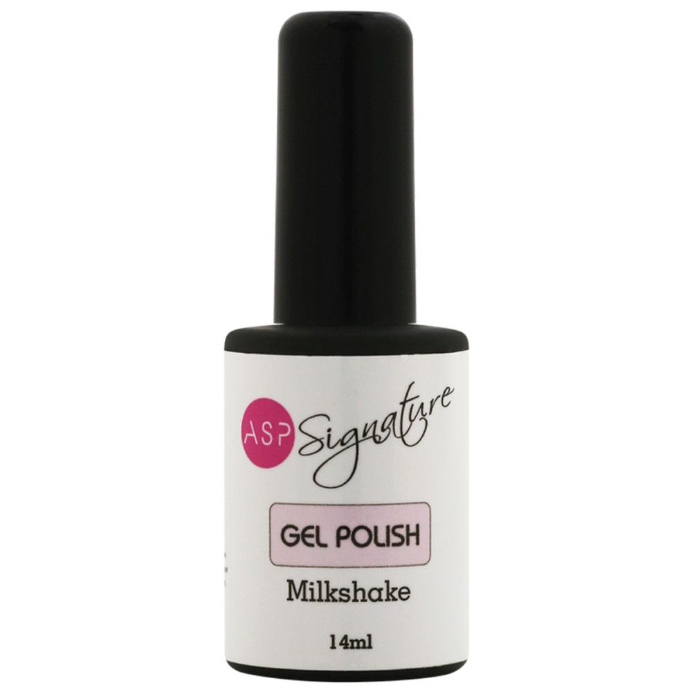 Nagellackflasche mit schwarzem Deckel. Etikett mit "ASP Signature Gel Polish" und "Milkshake".