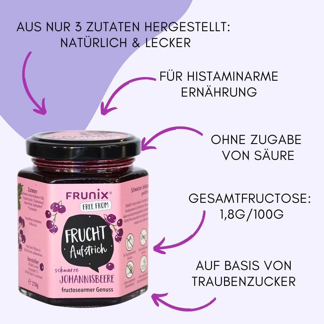 Glas FRUNIX® Fruchtaufstrich, schwarze Johannisbeere. Rosa Etikett, schwarzer Deckel. Text: FRUNIX® FREE FROM, FRUCHT Aufstrich, fructosearmer Genuss. Angaben.