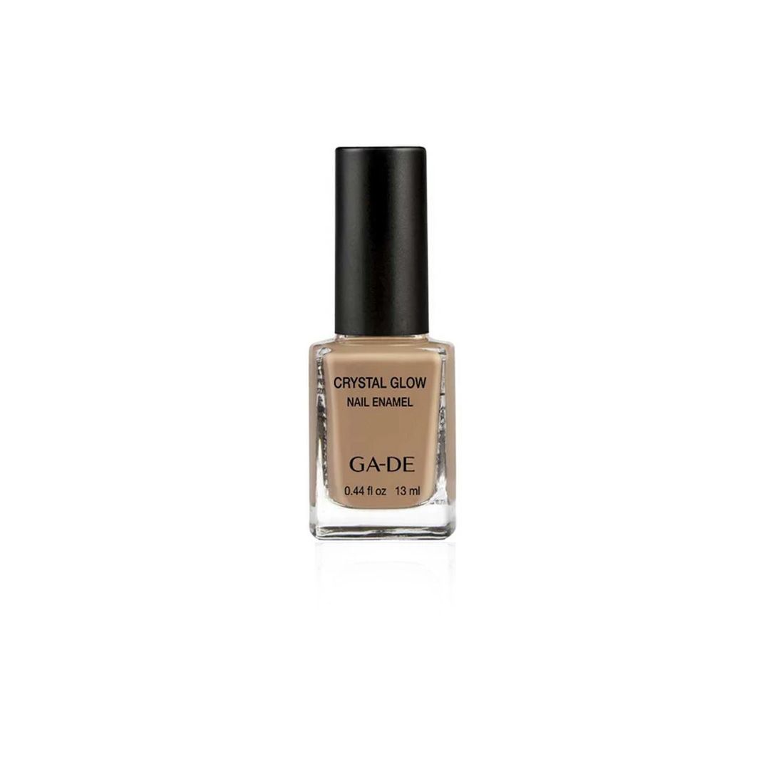 Nagellackflasche mit schwarzem Deckel. Aufschrift: Crystal Glow Nail Enamel, GA-DE. Farbe: Beige. Volumen: 13 ml.