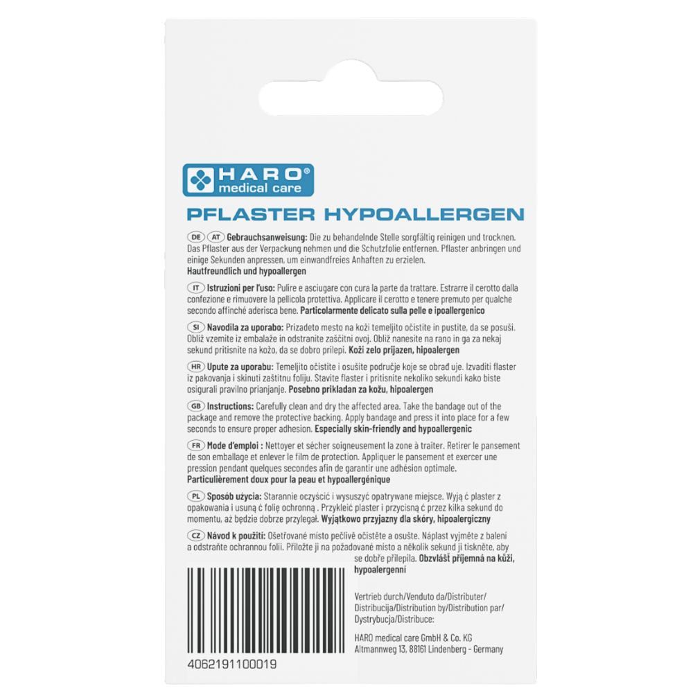 Achterkant van de Haro Pflaster hypoallergen verpakking. Tekst in meerdere talen. Medisch hulpmiddel.