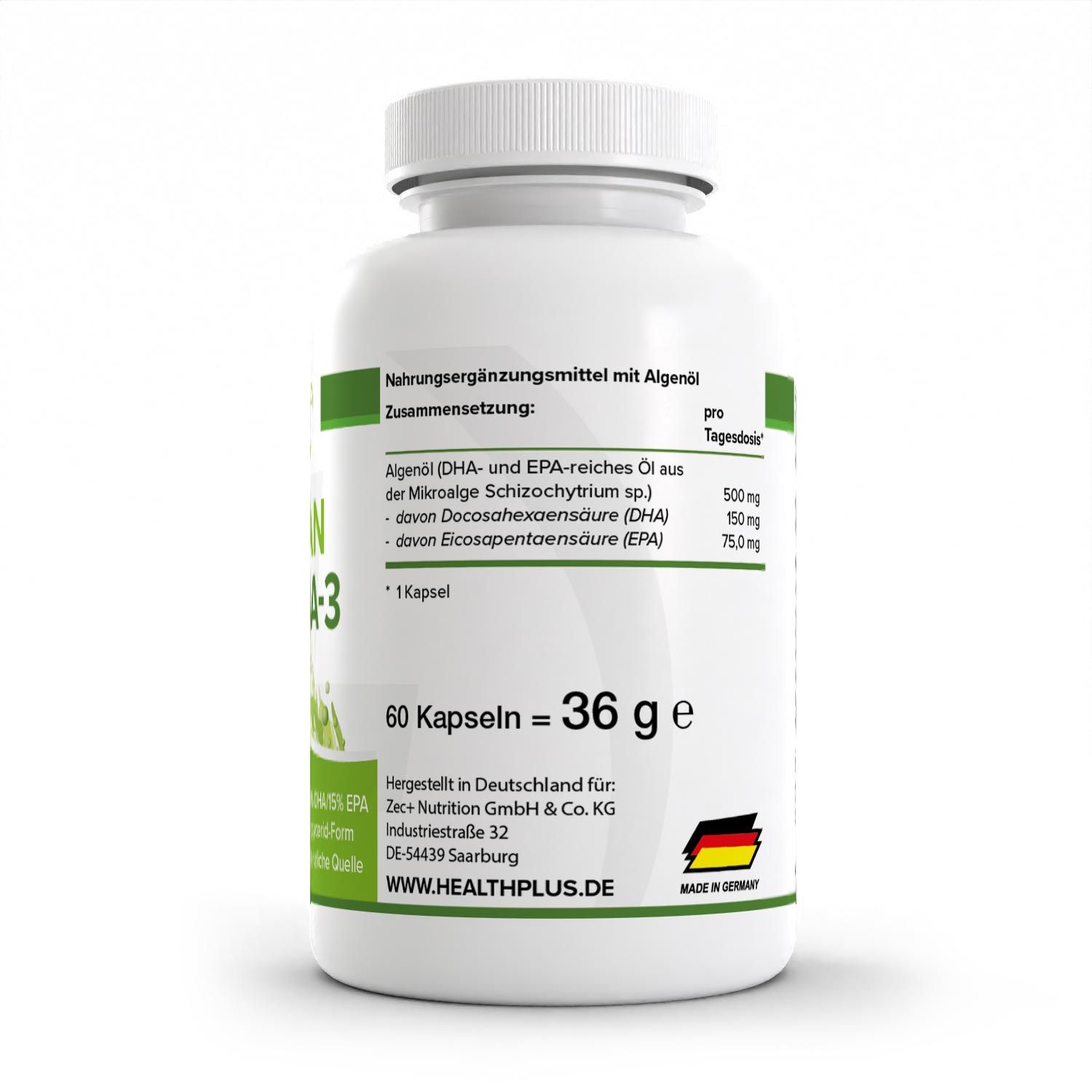 Rückseite der weißen Flasche. Aufschrift: Nahrungsergänzungsmittel mit Algenöl. 60 Kapseln = 36 g. Hergestellt in Deutschland. Health+ Logo.