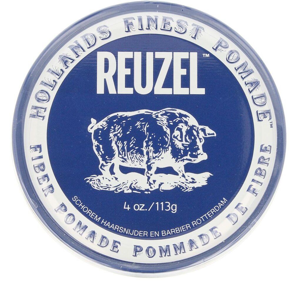 Runde Dose mit blauem Deckel. Aufschrift: Reuzel Fiber Pomade. Enthält ein Schweine-Logo und Text.
