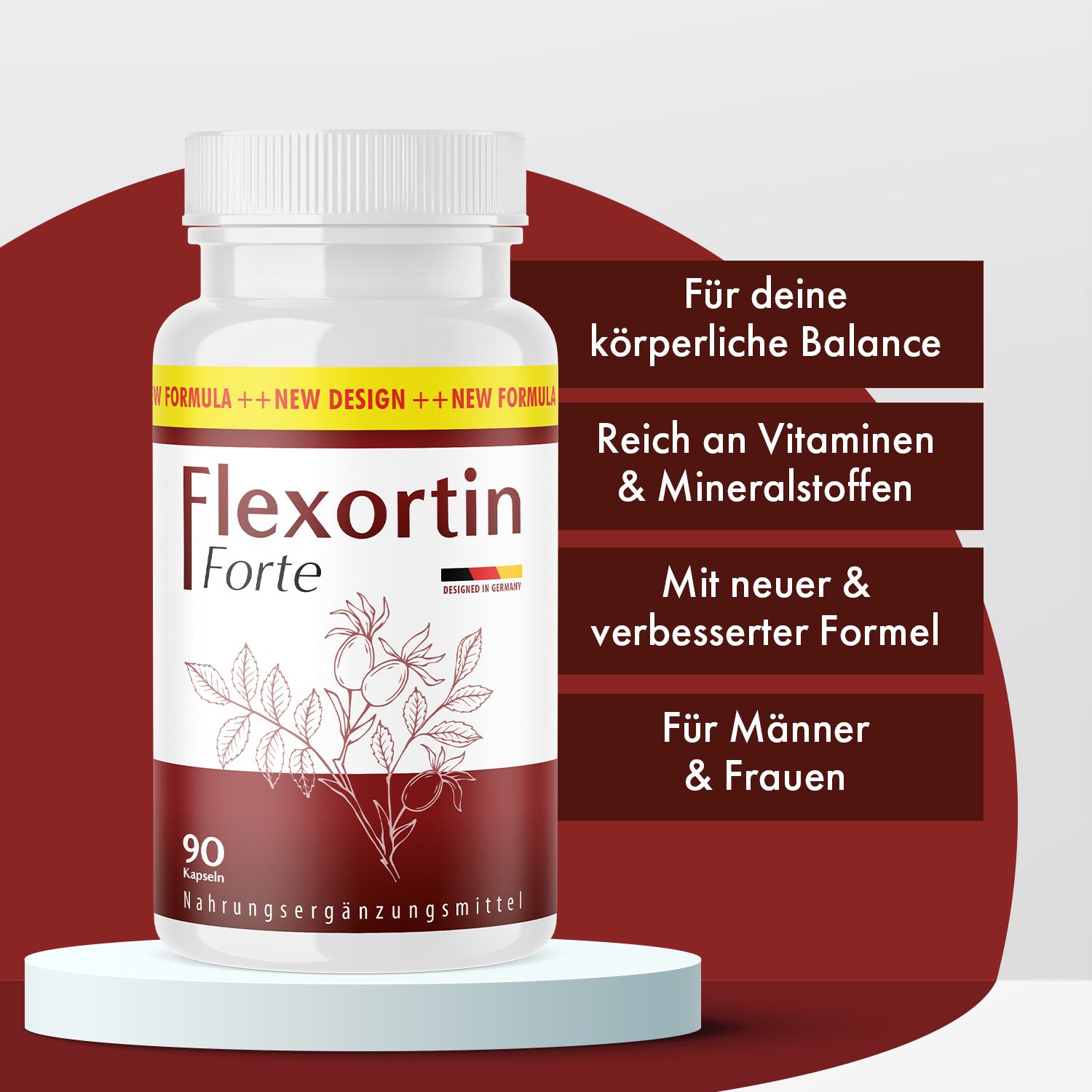 Weiße Flasche mit Flexortin Forte Kapseln. Roter Aufkleber mit Produktinformationen. Text: Für deine körperliche Balance, reich an Vitaminen.