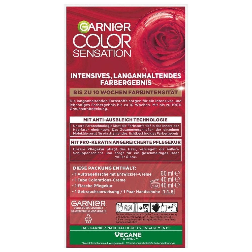 Rückseite der Garnier Color Sensation-Verpackung. Text: Intensives, langanhaltendes Farbergebnis. Enthält: Entwickler-Creme, Colorations-Creme, Gebrauchsanweisung, Handschuhe.