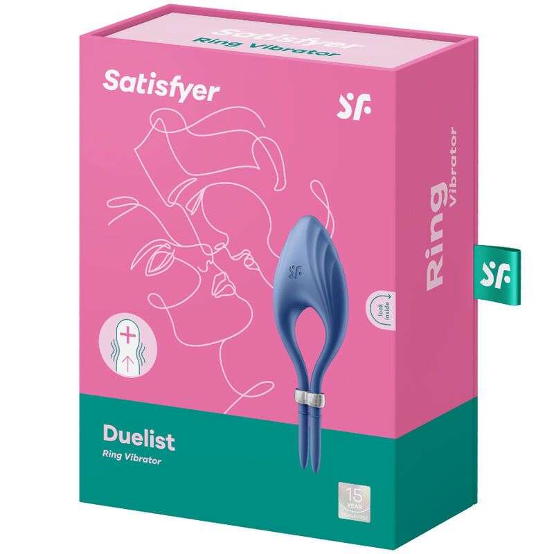 Produktverpackung. Rosa Schachtel mit blauem Ringvibrator. Aufdruck: Satisfyer, Duelist, Ring Vibrator.