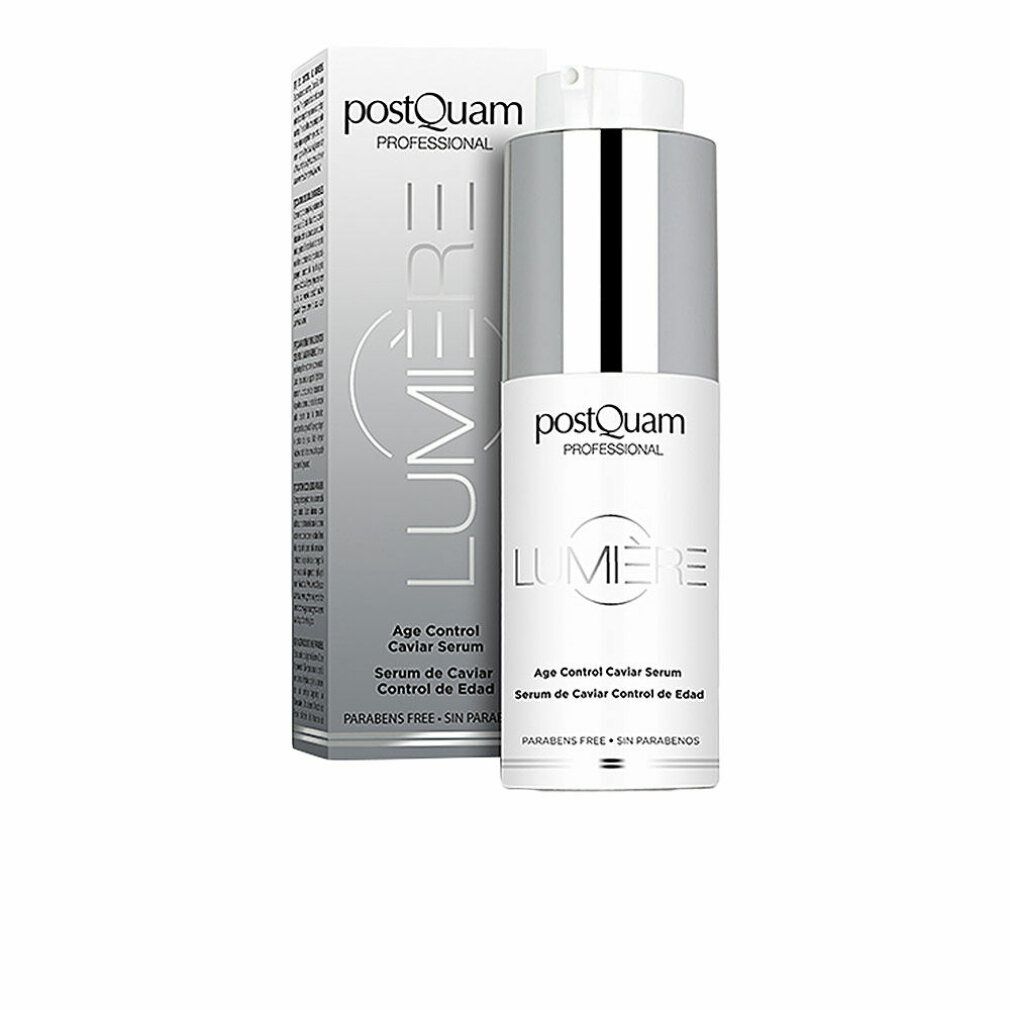 Serumflasche und Verpackung. Aufschrift: Postquam Lumière Age Control Caviar Serum. Parabenfrei.
