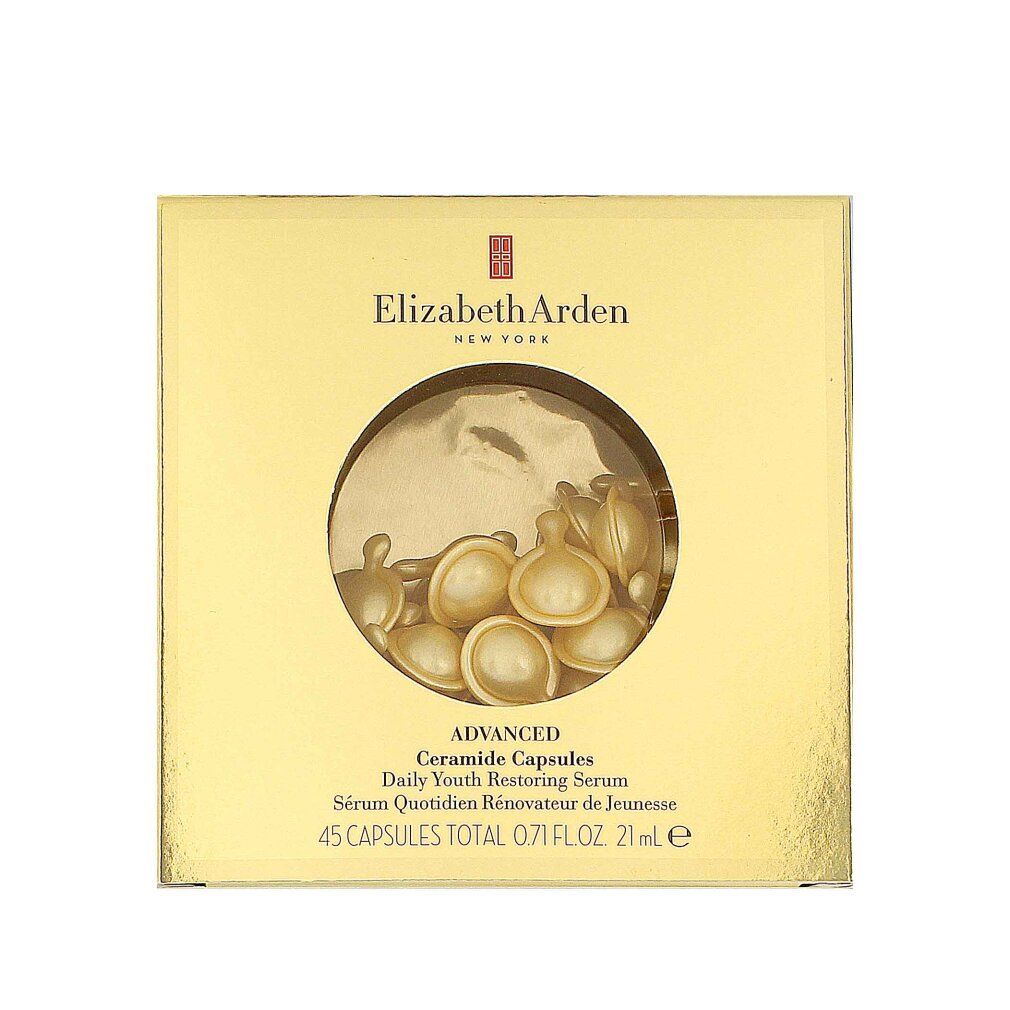 Goldene Schachtel mit Ceramid-Kapseln. Aufschrift: Elizabeth Arden, Advanced Ceramide Capsules, Daily Youth Restoring Serum, 45 Kapseln.