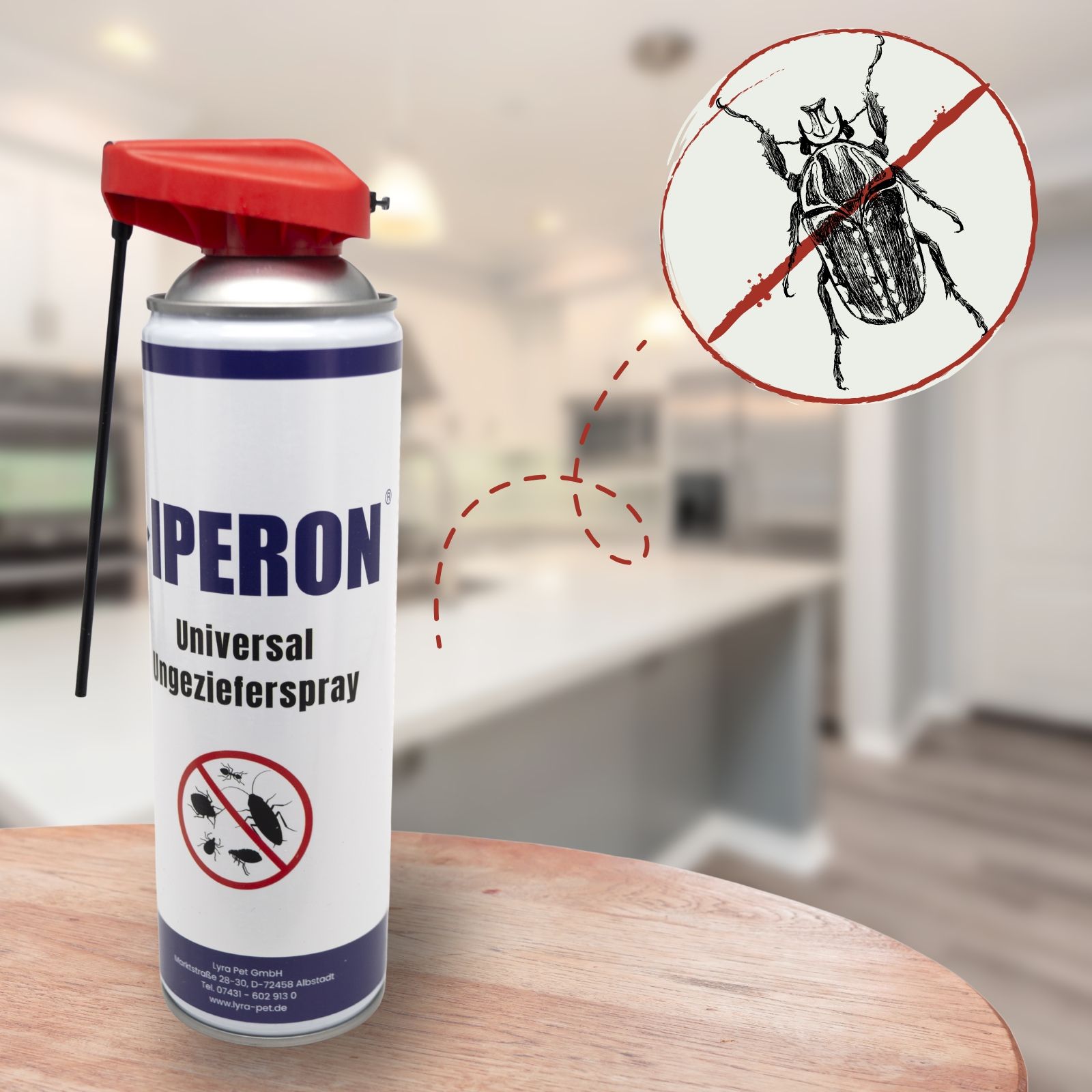 IPERON Universal Ungeziefer-Spray Dose auf einem Holztisch, mit Küchen-Hintergrund und Insektensymbol.