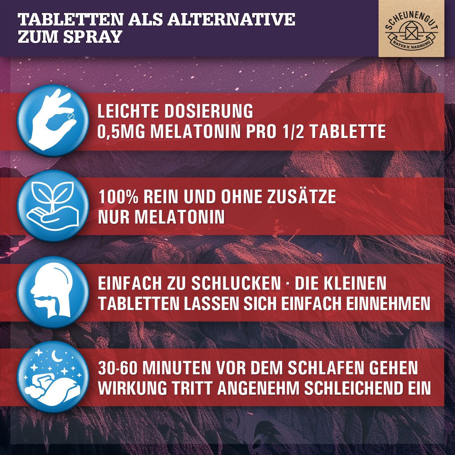 Scheunengut® Melatonin | Schlafkomplex mit 1mg Melatonin pro Tablette | 100% natürlich