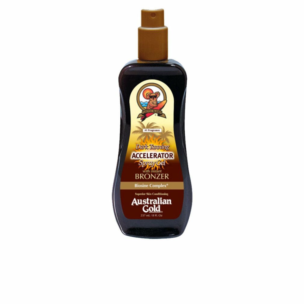 Braune Sprühgel-Flasche mit braunem Sprühkopf. Text: Accelerator Spray Gel Bronzer. Marke: Australian Gold.