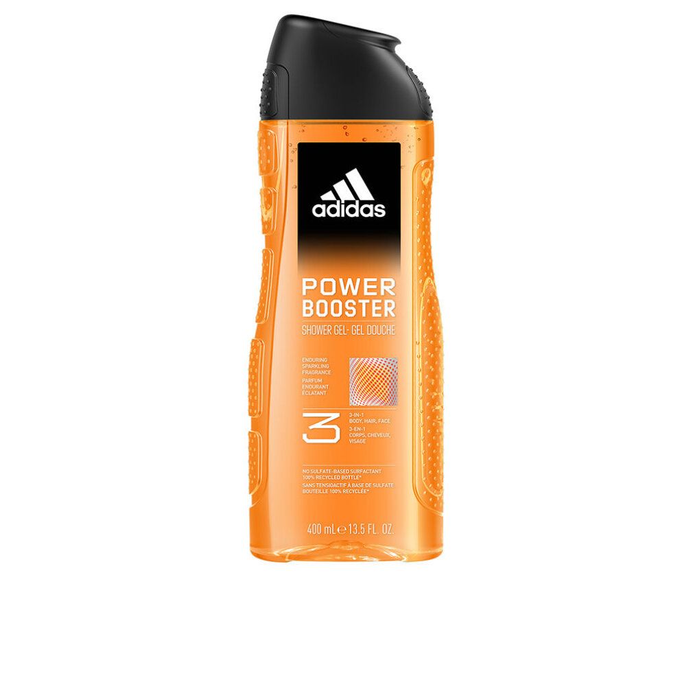 Orangefarbene Flasche mit schwarzem Deckel. Aufschrift Adidas Power Booster. 400 ml.