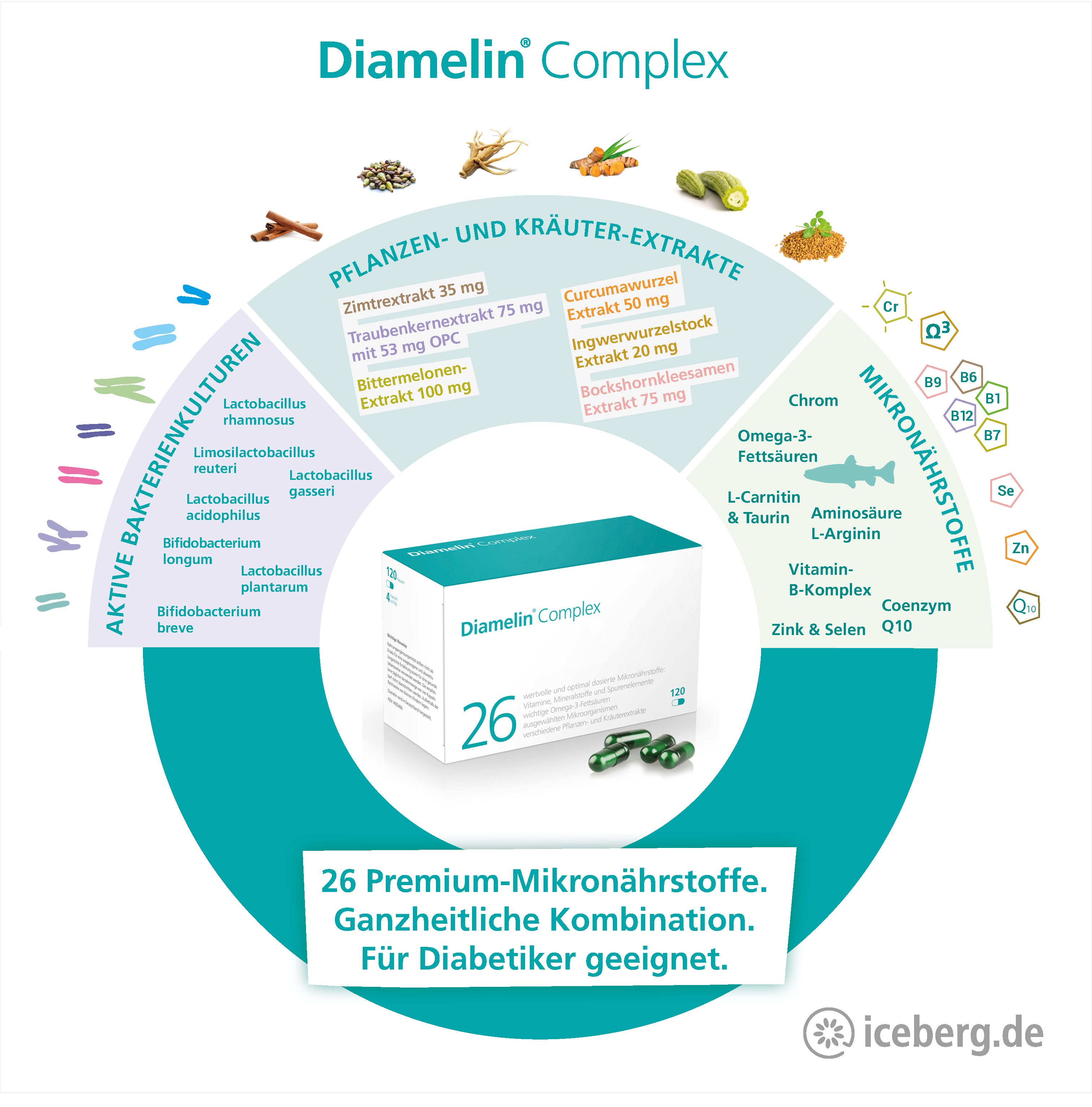 Infografik zu Diamelin® Complex. Zeigt Inhaltsstoffe, Mikronährstoffe und aktive Bakterienkulturen.