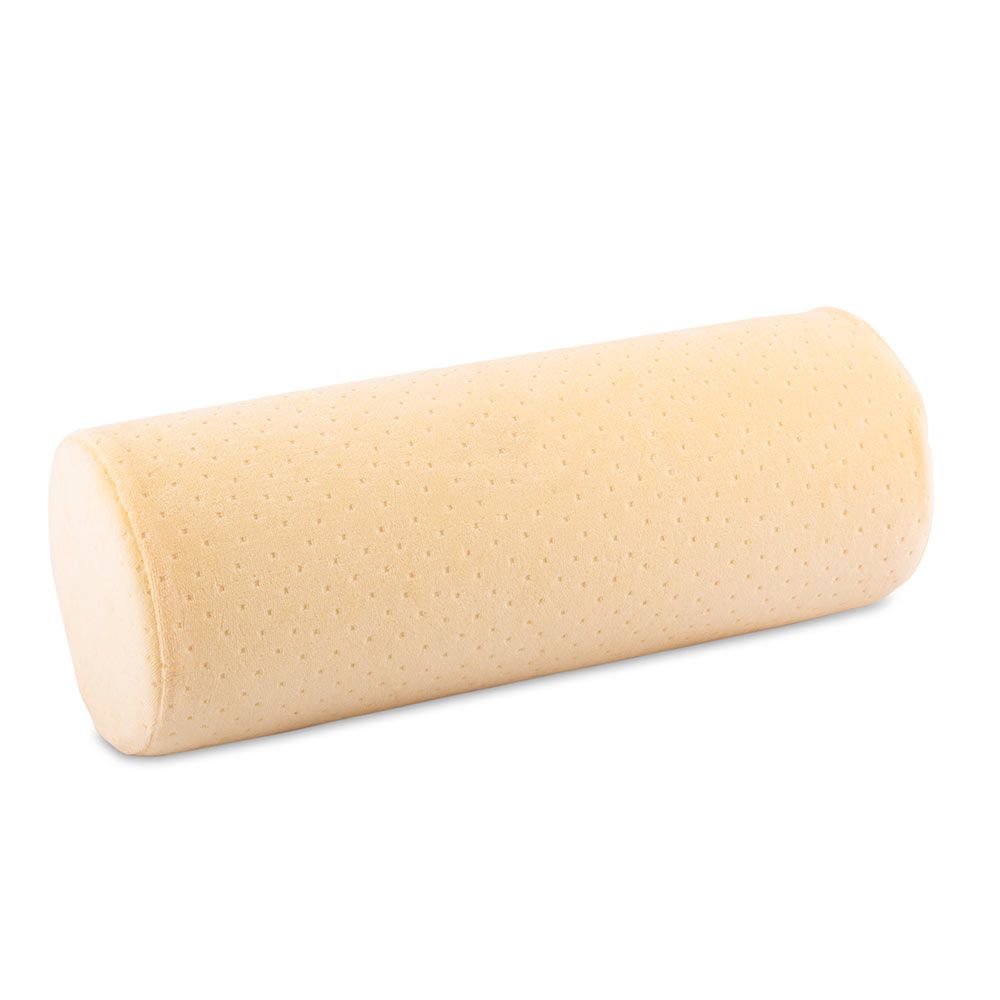 Beige Nackenrolle. Zylindrische Form, perforierte Oberfläche. Hausstauballergiker geeignet.