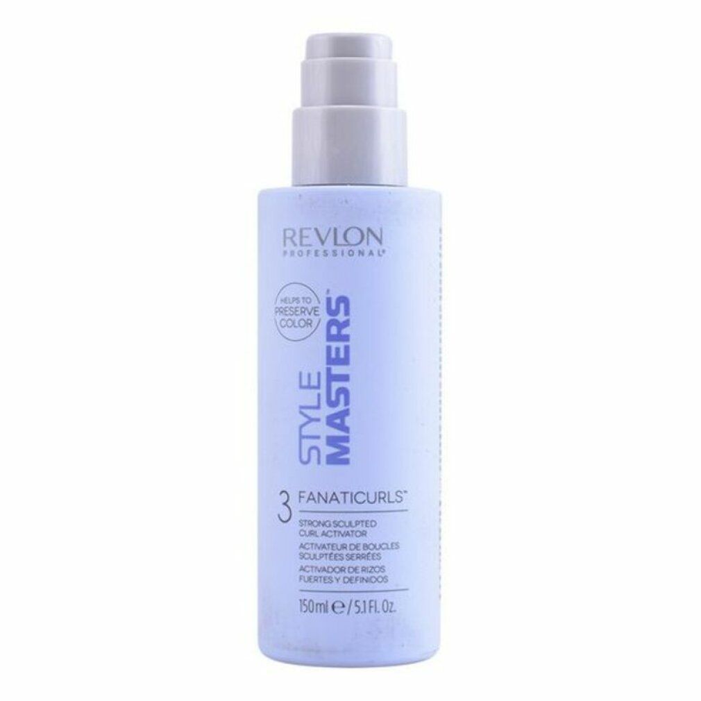 Hellblaues Produkt mit Pumpe. Aufschrift: Revlon Style Masters, Fanaticurls, 150ml. Enthält Inhaltsstoffe zur Farberhaltung.