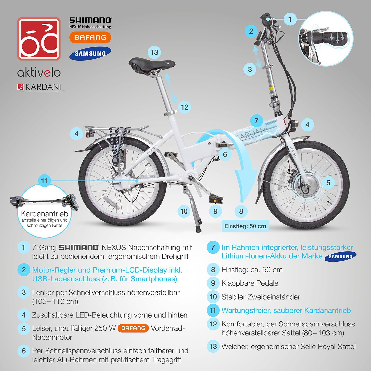 aktivelo E-Faltrad mit Kardanantrieb, klappbar Fahrrad, E-Bike, Akku 8,7 Ah mit 9 Motorstufen