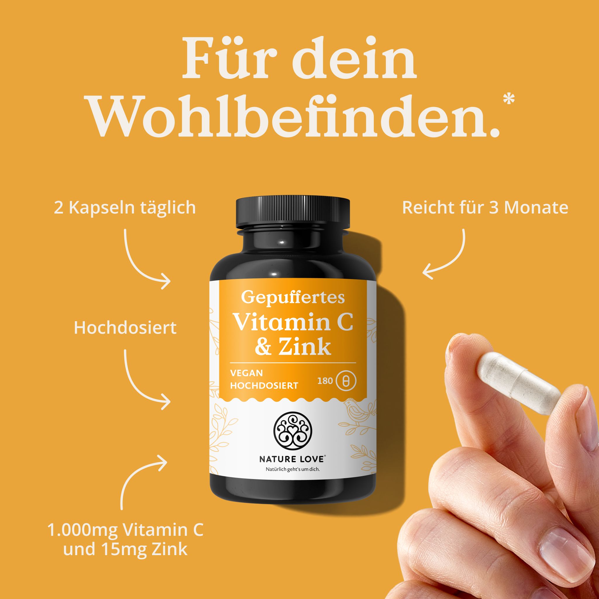 Flasche mit gepuffertem Vitamin C & Zink, vegan, hochdosiert, 180 Kapseln. "Sehr magenschonend" Aufkleber.