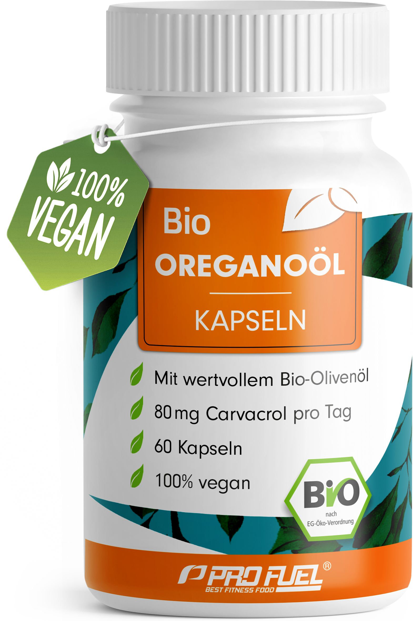 Weiße Flasche mit Kapseln. Aufschrift: Bio Oreganoöl Kapseln, 80 mg Carvacrol, 60 Kapseln, 100% vegan. Bio-Siegel.