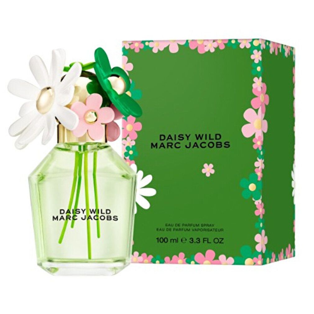 Marc Jacobs Daisy Wild Eau de Parfum Flakon mit Blumenaufsatz und Verpackung.