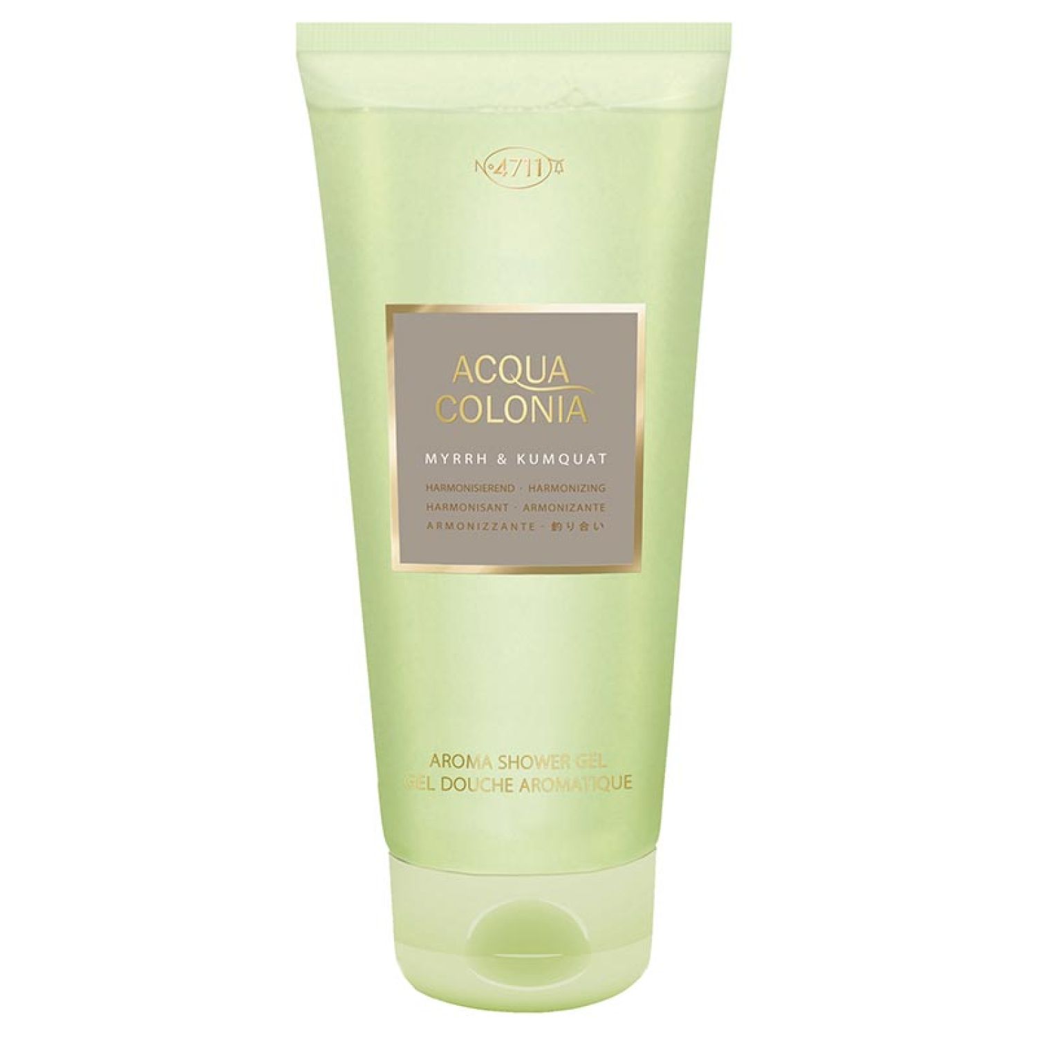 Tubo verde con 'Acqua Colonia Myrrhe & Kumquat'. Scritta 'Aroma Shower Gel'. Tappo verde.