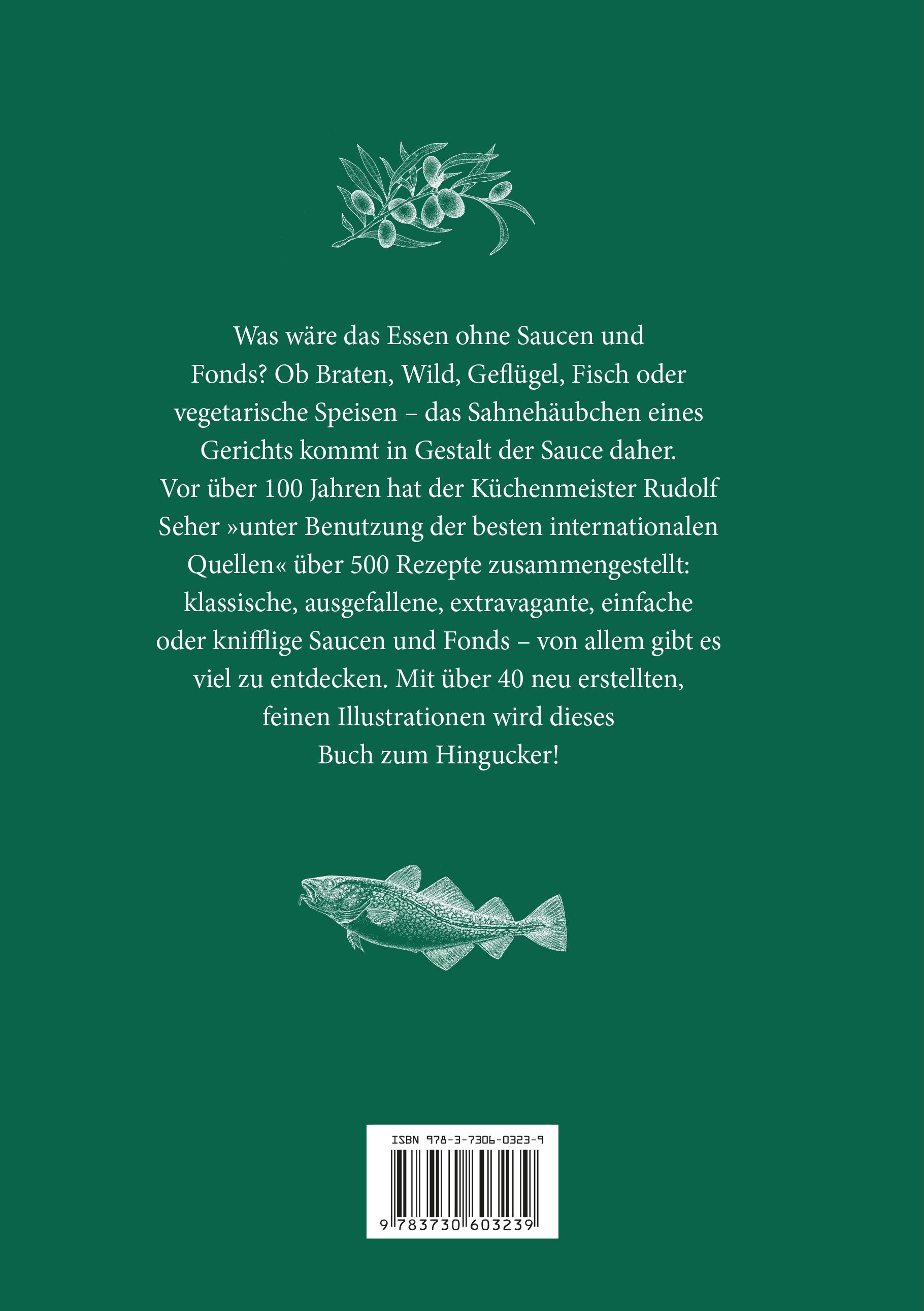 Rückseite des Kochbuchs "500 Saucen und Fonds". Text, Illustrationen, ISBN-Code auf grünem Hintergrund.